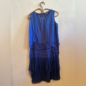 SOLD Antique 1920’s Royal Blue Silk Chiffon Dress with Lace Overlay